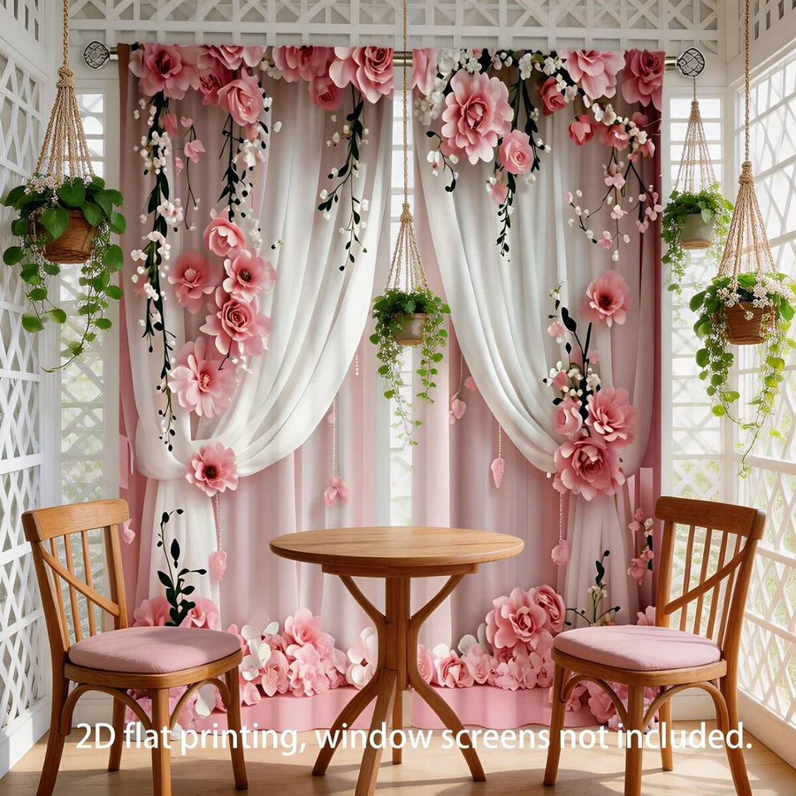 2pcs Pink Rose Printed Curtain, Home Textile Window Decor - Fade-Resistant, Machine Washable Polyester, With Rod Pocket Design, Suitable For Bedroom, Living Room, Classroom (Rod Not Included)