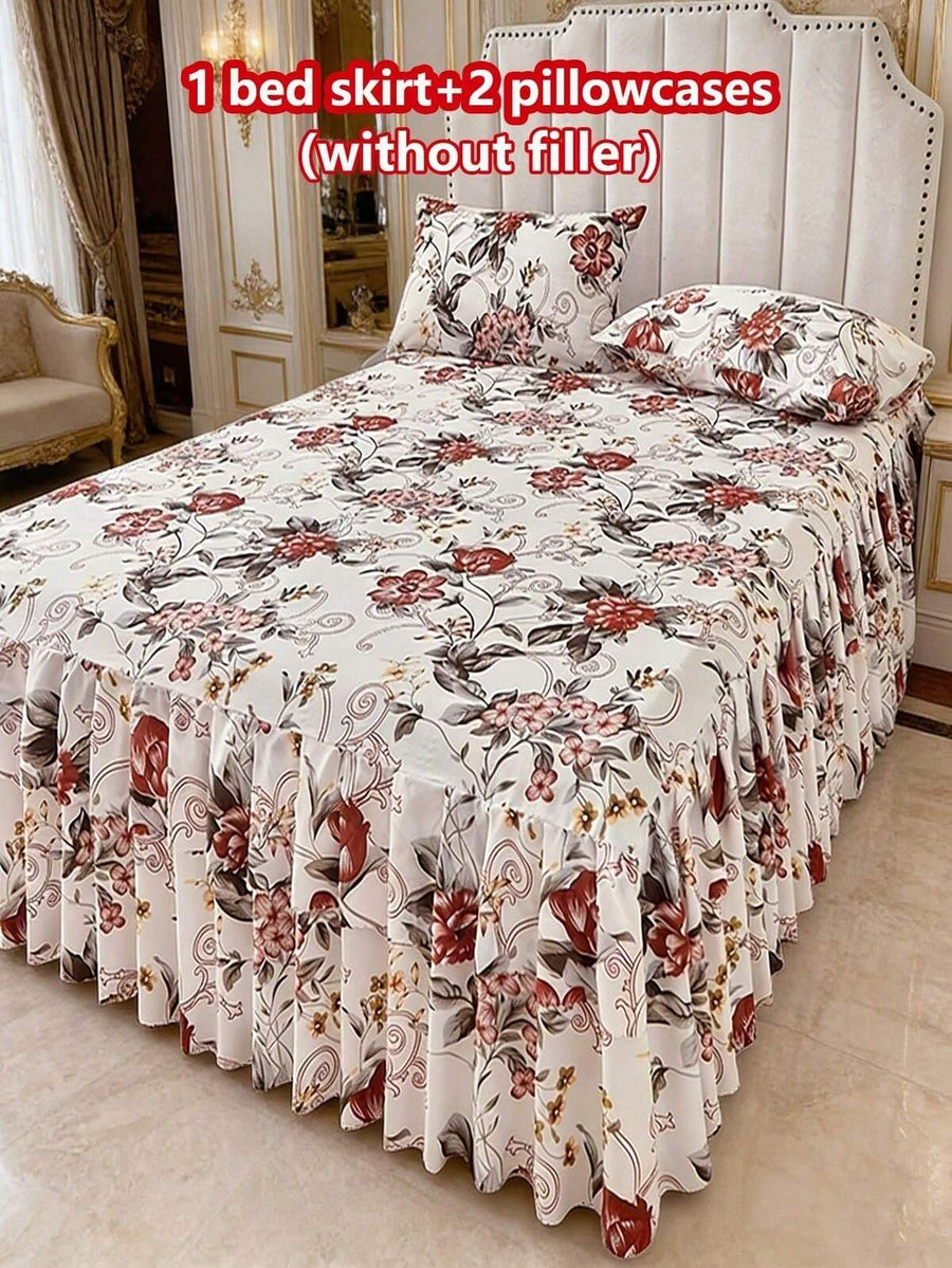 3pcs Soft & Breathable Floral Printed Bed Skirt Set (1 Bed Skirt + 2 Pillowcases), Moisture-Wicking, Wrinkle-Resistant, All Season, Elegant Printing, Suitable For Bedroom And Hotel, Simple & Economic Bedding