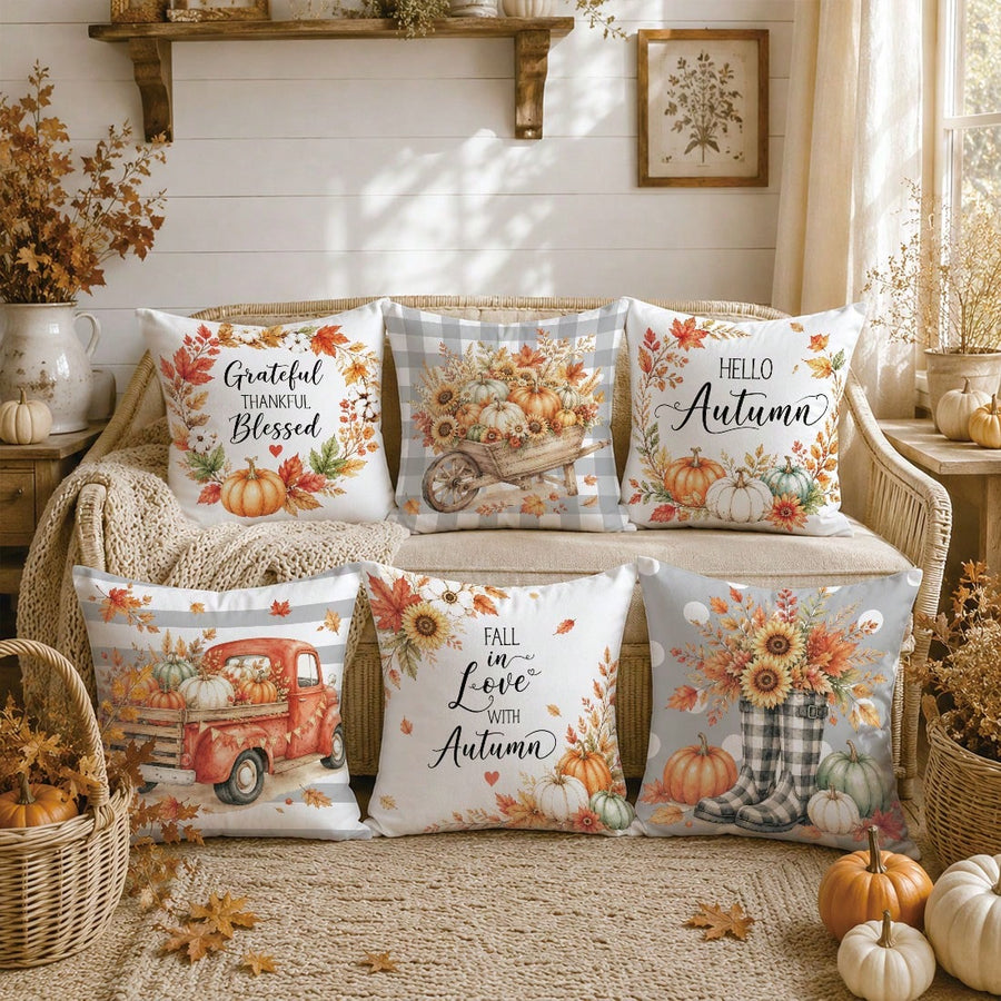 Autumn Harvest Pumpkin Sunflower Maple Leaf Cushion Cover 6-Piece Set, Single-Sided Printed Peach Skin Velvet Polyester Material, 45*45CM Pillow Covers For Modern Fabric Sofa Indoor Decor, Party Decoration, Gift Giving