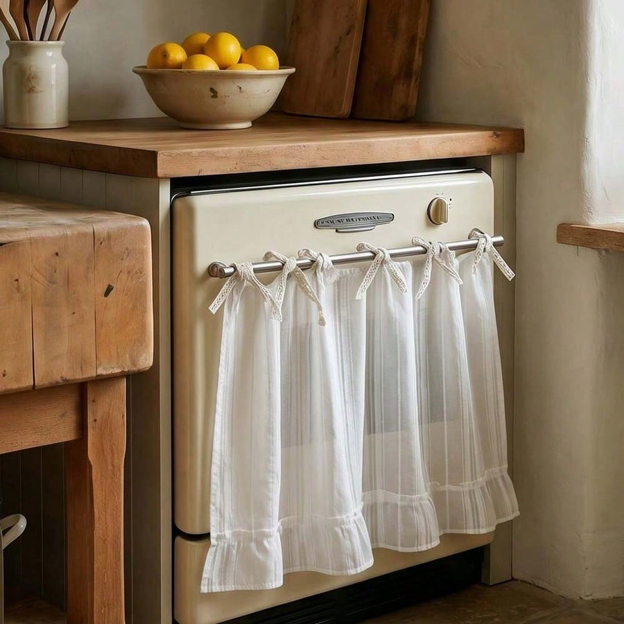 One Japanese-Style Striped Ruffled Half-Curtain Handmade Oven Skirt Cover, No-Drill Tie-On Sink Curtain, Kitchen Decorative Fabric Curtain To Cover Ovens, Microwaves And Stoves (Size 76*54cm).